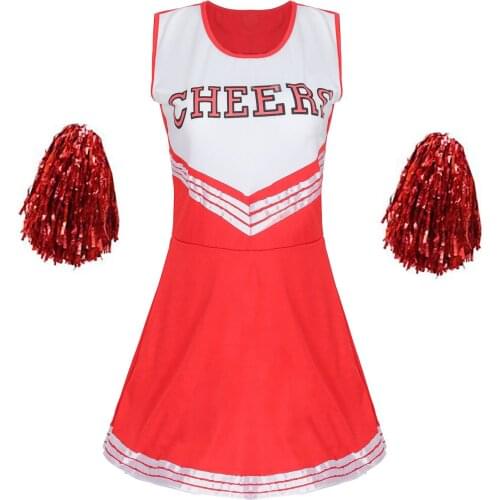 Cheerleader Stage Performance Red Dress+Pompoms Cheerleading Costumes Adult High School Cheer Uniform Girl Dancing Show