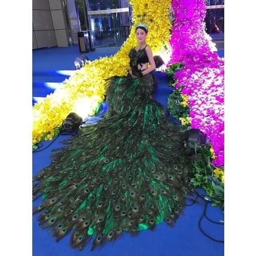 Model show catwalk Peacock feather costume long big tail performance customized make dress chinese folk costumes