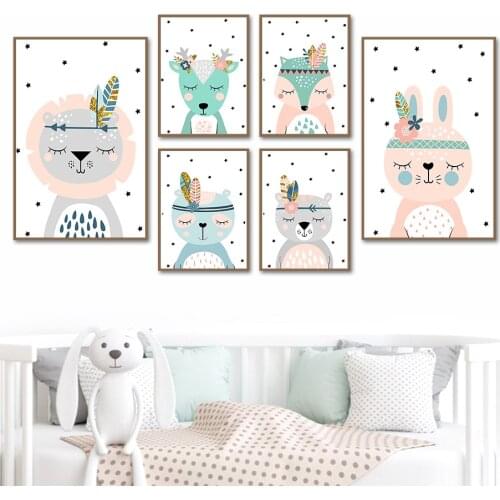 Feather Lion Fox Deer Bear Bunny Chief Animal Wall Art Canvas Painting Nordic Posters And Prints Wall Pictures Kids Room Decor