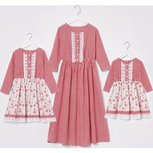 Autumn New Lace Plaid Long Sleeve Mother and Daughters Dress Family Matching Outfits Baby Kids Clothes Floral Dress for Girls