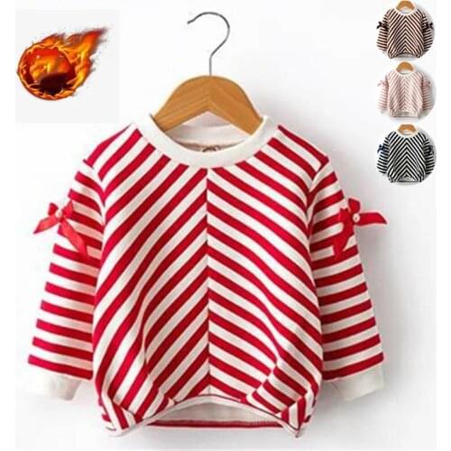 Height 80-135cm Autumn Girls Clothes Bow Striped Velvet T-Shirt Childrens Outer Wear School Girl Blouse Tops