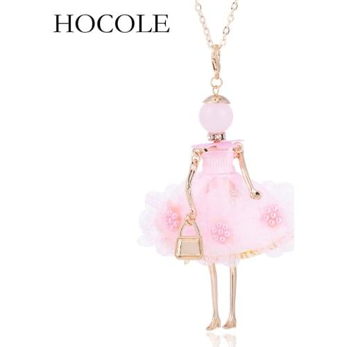 HOCOLE Statement Flower Dress Doll Necklace Handmade Girl Doll Pendant Necklaces 2018 New Pink/Yellow Women Fashion Jewelry
