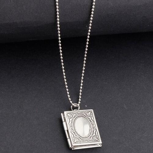 Retro Rectangle Engraved Book Pendant Necklace Picture Photo Lockets Charm Necklace for Women Men Gifts