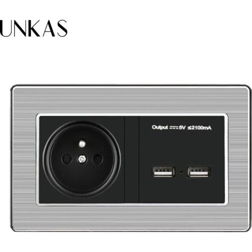 UNKAS Stainless Steel Panel Socket Electric 16A French Standard Power Outlet With Dual USB Charge Port For Mobile 5V 2.1A