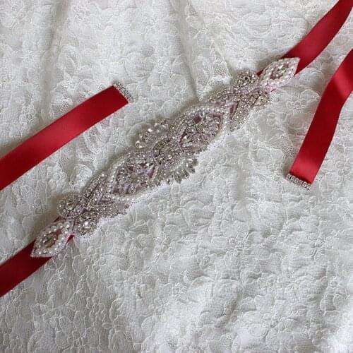 Handmade Red Bridal Belt Party Girdle Dinner Beaded Applique Wedding Dress Sash Bridesmaid Rhinestone Crystal DIY Decorative Jew