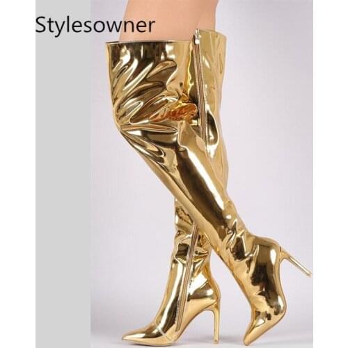 Stylesowner Sexy Silver Mirror Thigh high boots Women pointy toe Club Party Shoes Thin High heels Over the knee Long boots women