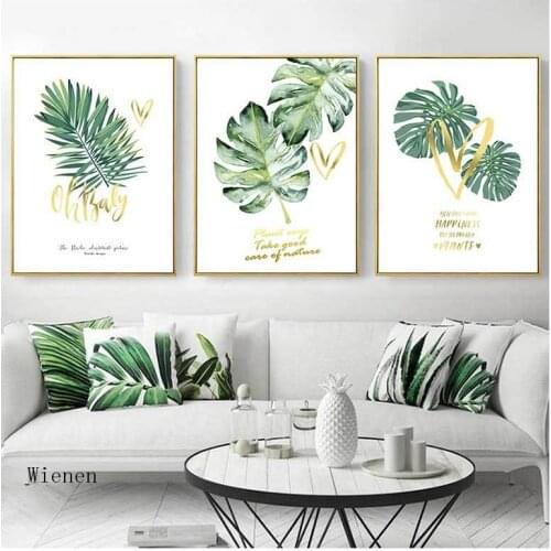 Nordic Simple Small Fresh Plant Canvas Painting Green Leaves Golden Letters Wall Art Poster Pictures Living Room Home Decor