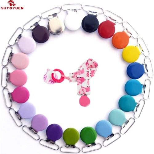 Sutoyuen Free shipping 100pcs/lot Metal round top suspender clip, Baby Metal Man / Dummy Round Pacifier Clip With plastic teeth