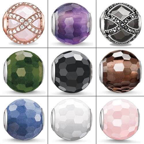 Pink Black Blue White Faceted Charm Beads 925 Sterling Silver Fit Bracelet Necklace European DIY Bijoux Jewelry Accessories Gift