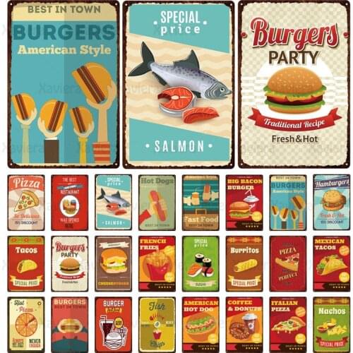 Hamburger Hot Dog Vintage Metal Sign Fast Food Wall Art Plaque Kitchen Cafe Restaurant Home Decoration Retro Poster Wall Sticker