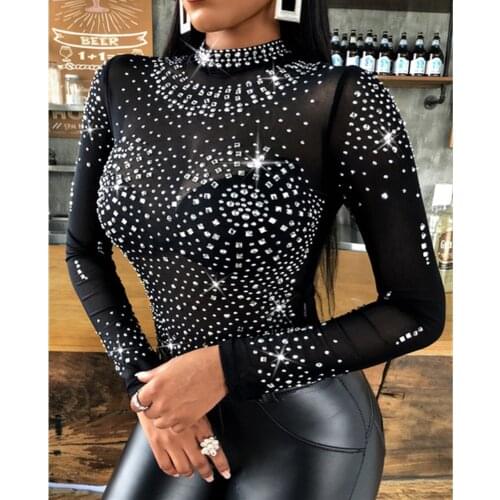 Diamonds Tops Long Sleeve Women Shine Blouse Ladies Sexy Slim Fit Round Neck Top High Street Spring 2021 NEW