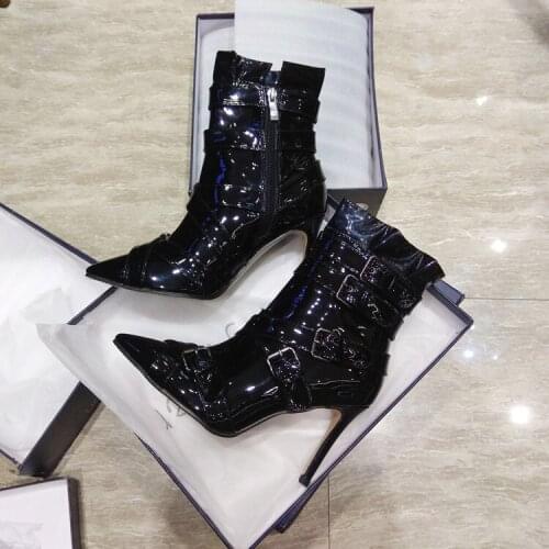 New fashion woman pointed toe belts ankle boots patent leather strap belts women high heel ankle short boots