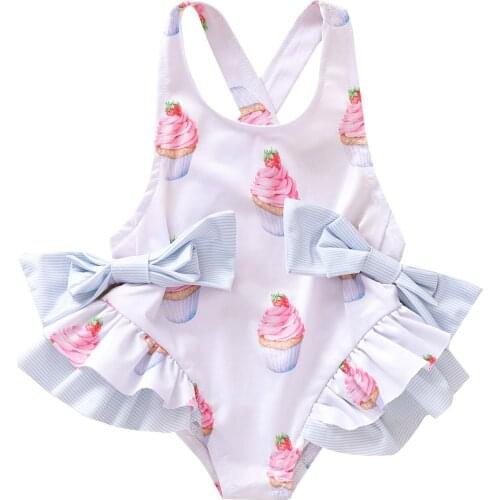 Girl’s Fashion Ruffles One Piece Swimsuit Cute Bow Cake Pattern Backless Suspender Swimsuit
