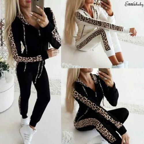 2019 Women Set Sport Suit Tracksuit Outfit Long Sleeve Hoodies and Pants Zip Leopard Print Casual Sweatshirt 2pcs