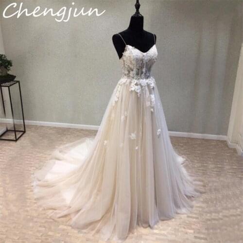 Chengjun Real Women Sexy Backless A Line Applique Tulle Beach Wedding Dress