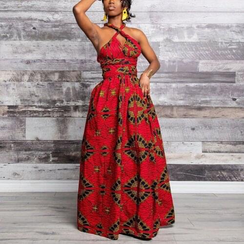 Rebicoo Dashiki African Clothes For Women Plus Size Skirt Sleeveless V-Neck African Traditional Print Female Maxi Dresses