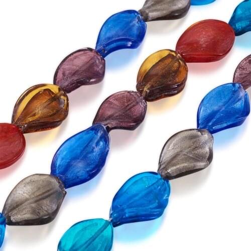 Pandahall 1Strand Mixed Handmade Silver Color Foil Glass Twist Leaf Beads Strands for Dangle Earrings Jewelry Making 30x20mm