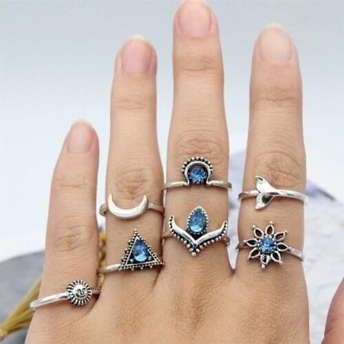 7Pcs/Set boho Vintage Joint Rings Set Women Antique Silver Color Sun Moon Triangle Acrylic Gem Fishtail Flower Midi Finger Rings