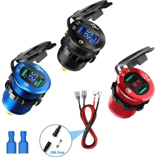 Car Motorcycle Cigarette Lighter 3.0 Dual USB Charger 12V-24V Car Boat Motorcycle Quick Charger Sockets Power Plug Outlet LED