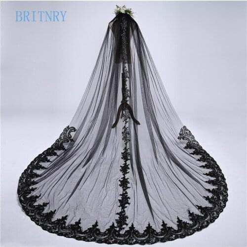 BRITNRY 2018 Elegant Cathedral Wedding Veil Lace Edge with Sequins Black Veil Brides High Quality One Layer Long Veil