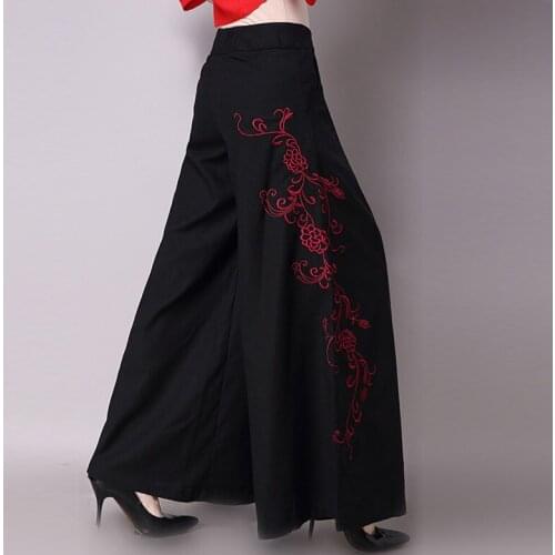 Chinese Style Harajuku Casual Long Trousers Loose Black Wide Leg Pantalones Ropa Women Vintage Cotton and Linen Embroidery Pants