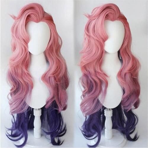 Game LOL Seraphine Pink Purple Gradient Wavy Long Cosplay Heat Resistant Synthetic Hair Halloween Party + Free Star Stickers