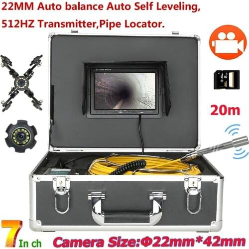 7" Monitor 22MM DVR 20/30/40/50M Sewer Pipe Inspection Camera with Auto balance Auto SelfLeveling 512HZ Transmitter Pipe Locator