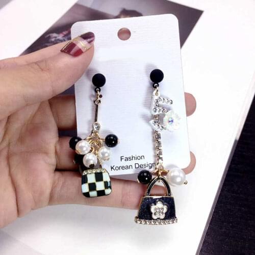 Korean Asymmetric 5 Bag flower Earring long tassel Pearl Grape Tassel double Earrings women Rhinestone Luxury Wedding Gifts