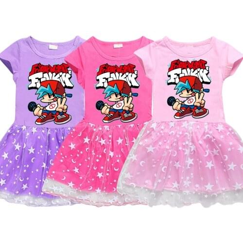Summer Dress Girl Cotton Fashion Spring 3D Friday Night Funkin Gaming Knee-Length Baby Girls Clothes Teenage Princess Costume