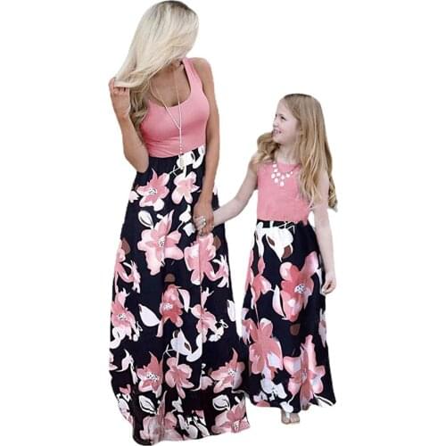 Summer Floral Print Mother and Daughter Dress Sleeve Patchwork Mommy and Me Clothes Sisters Matching Outfits Women Girls Dress