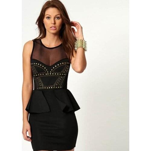 Summer Rivets-embellished Front Dress Women Spike Stud Sleeveless Bodycon Peplum Dress Sexy Mini Casual Party Dress Vestidos