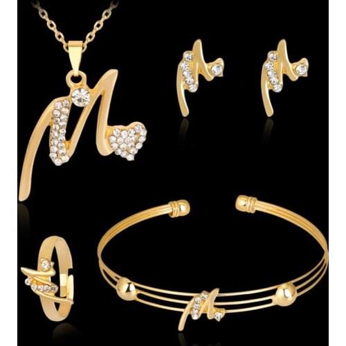 Jewelry Set KC Gold Plated Rhinestone Heart M Letter Pendant Necklace Ring Bangle Earrings Chic Bangles Bridal Jewerly for Girl