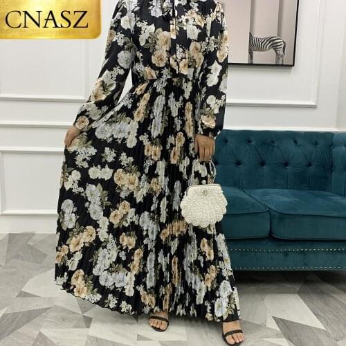 New Elegant Silky Satin Long Sleeve Dress Print Pleated Maxi Dresses Satin Dresses Wrap Waist Turkey Fashion Islamic Spain Women