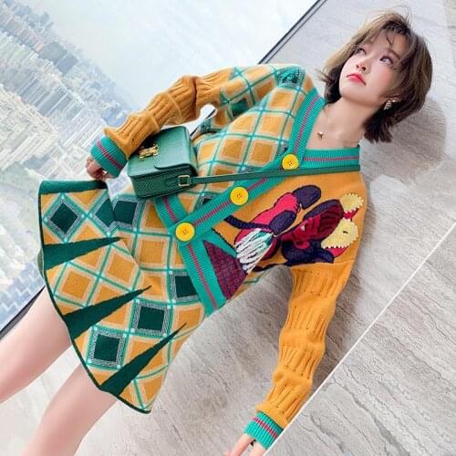Korobov 2021 New Arrival V Neck Long Sleeve Knit Cartoon Cardigans and A-Line Mini Skirts 2 Pieces Sets Korean OL Elegant Suits