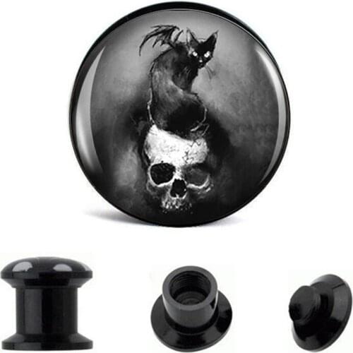 Wholesale Ear Gauge Plugs Evil Cat on Skull Acrylic Screw Fit Flesh Tunnel Plug Eyelet Body Piercing Jewelry 6mm-25mm AW40203