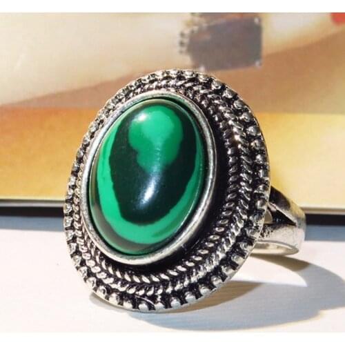 Oval Malachite Rings For Women Antique Silver Plated Rhinestone Plum Flower Vintage Fashion Jewelry