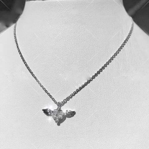 Elegant Exquisite Bling Heart Shape Crystal Wings Pendant Necklaces for Female Girlfriend Gift Anniversary Jewelry Korean Style