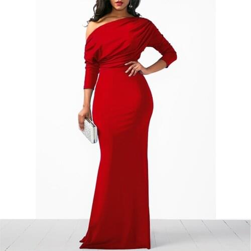 Women Oblique Shoulder Slim Folds Long Dress Elegant Evening Party Floor Length Dresses Vestido de festa