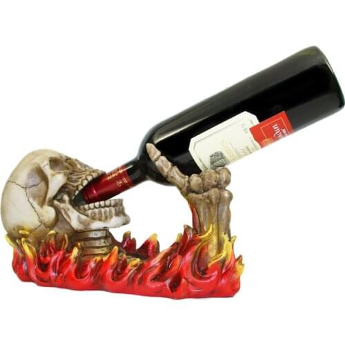 FLAMING SKELETON SKULL FIGURINE WINE BOTTLE HOLDER EVIL SKULL RISING FROM FLAMES WINE BOTTLE HOLDER STATUE BLAZING SKULL N BONES