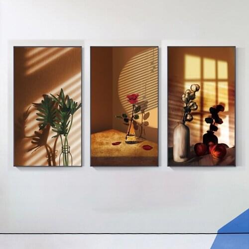 Simple and modern Nordic orange light and shadow rose flowers restore ancient ways art poster porch mural decoration picture