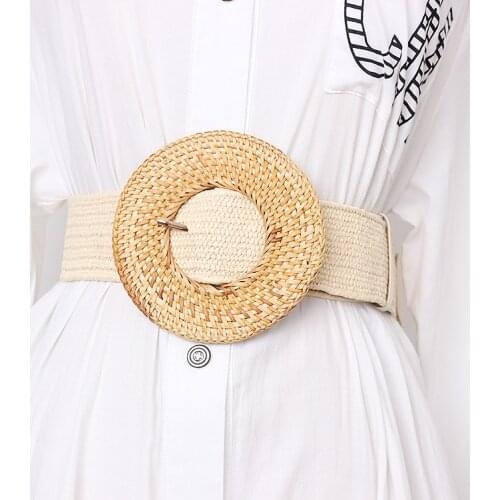 Wooden Buckle Dress Belt For Women Casual Female Braided Wide Strap Female Designer Woven Girls Elastic PP Straw Belts BZ339