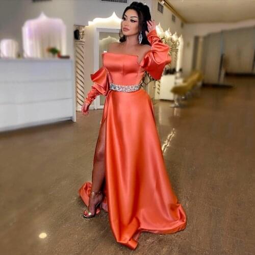 UZN Pink A-Line Satin Prom Dress Strapless Beading Belt Lace Up Back Evening Gowns High Slit Long Puffy Sleeves Party Dresses