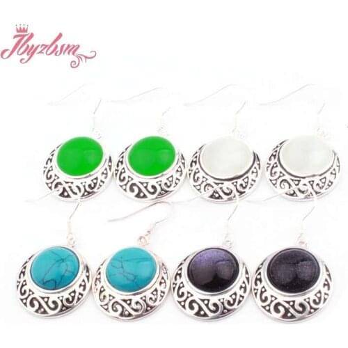 13mm Coin Turquoise Jades Cat Eye Natural Stone Beads Fashion Bohemia Jewelry Hook Earrings For Woman Valentines Day Gift 1Pair