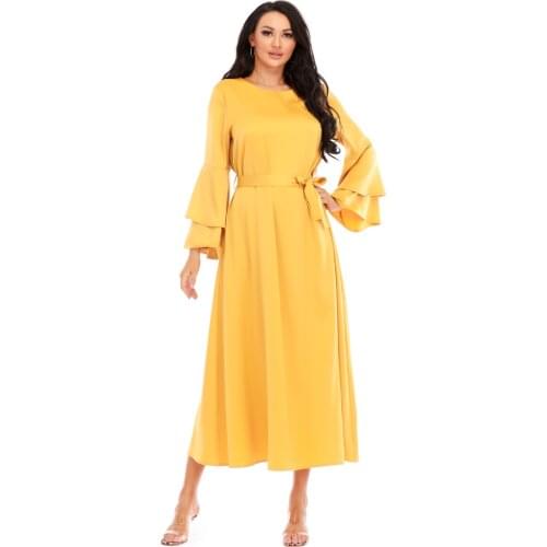 New Arrival Eid Silk Djellaba Abaya Full Length Silky Satin Muslim Dress Dubai Turkey Muslim Robe Islam Abayas With Belt WY143