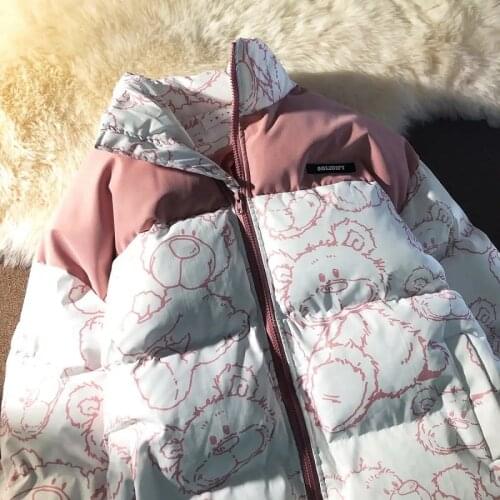Preppy style cute Pink bear cotton coats female winter Korean zipper long-sleeved jacket Harajuku thickening Oversize outerwear