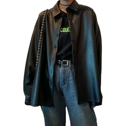 NewWomen OversizedPU Leather Blouses AutumnBlackFauxLeather BasicCoat Turn-down Collar Motor Biker Jacket Leather Jacket Women