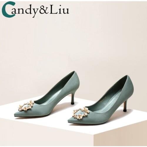 Female Shoes 2021 Spring New Small Fresh Girl Fairy Diamond Buckle Light Green 5cm Heel High Heels Women