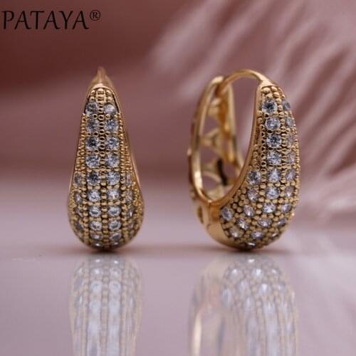 PATAYA New Water Drop Shape Luxury Dangle Earrings Fine White Natural Zircon Women Hollow Earrings 585 Rose Gold Fashion Jewelry
