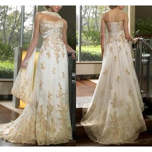 Vintage Ivory And Gold Wedding Dress For Women Appliqued Lace Strapless Sleeveless Long Bridal Gown Plus Size Bride Vestidos