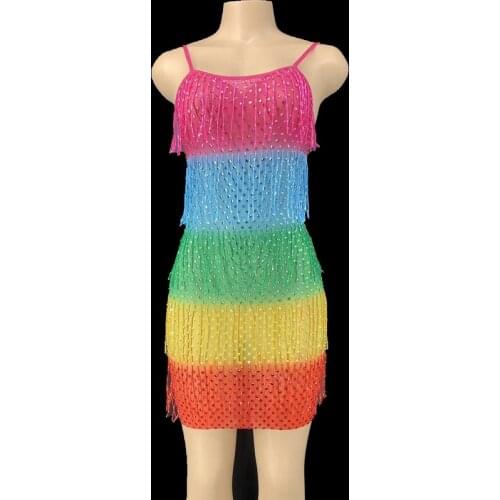Colorful Fringes Rhinestones Short Dress Women Stage Dance Costume Nightclub Dance Singer Show Bright Sleeveless Summer Dresses